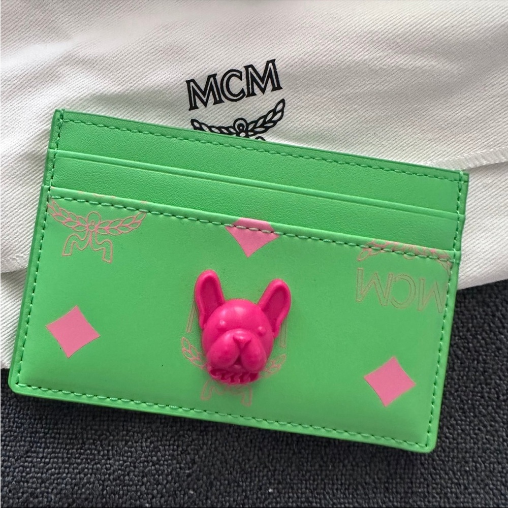 MCM Neon Green Credit Card Holder with Pink Frenchie Bulldog Wallet